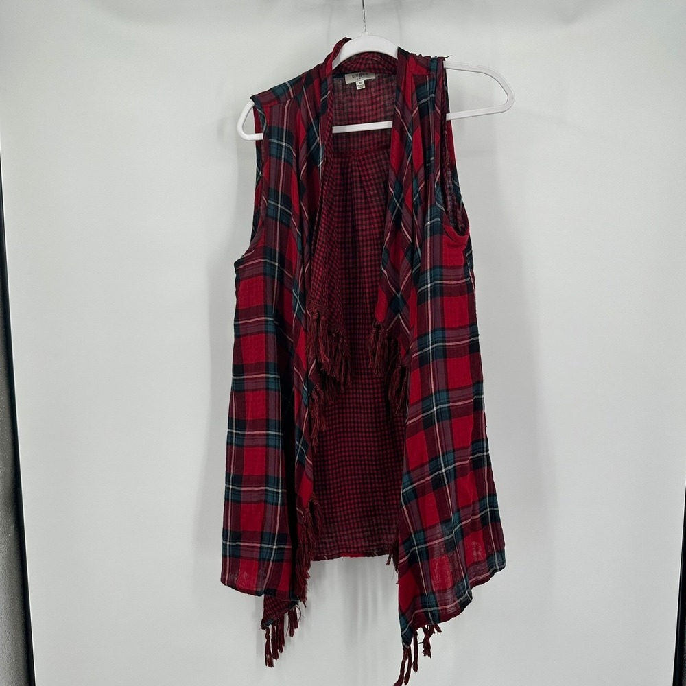 Umgee Women Boho Rustic Open Front Vest Sz M Red Black Plaid Fringe Southwestern